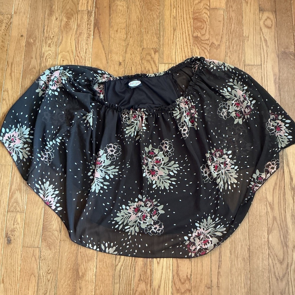 Zoey Beth Plus 1X Black Floral Layered Chiffon Blouse Tiered Sheer